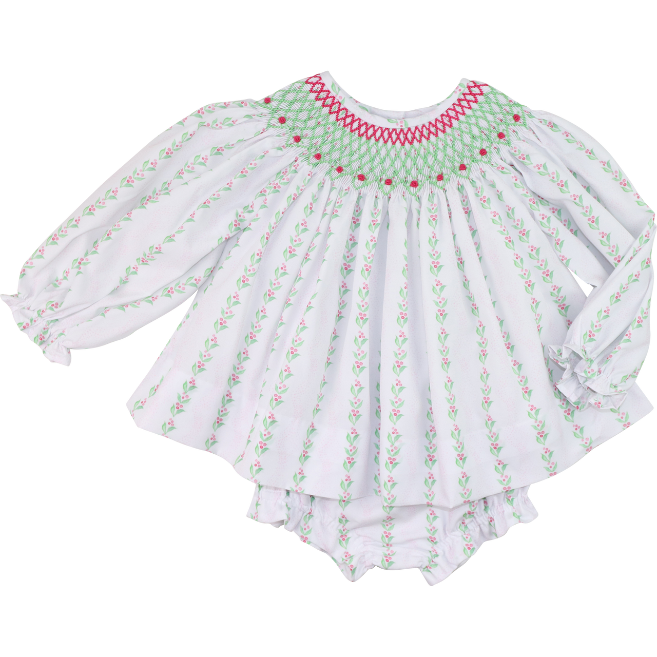 Pink And Green Smocked Holiday Floral Diaper Set