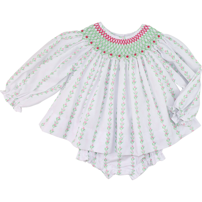 Pink And Green Smocked Holiday Floral Diaper Set