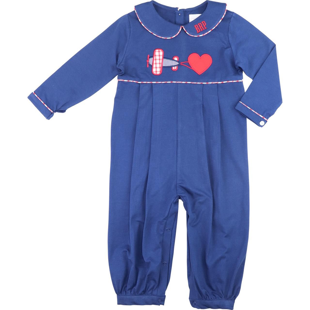 Navy Knit Valentine Airplane Long Romper