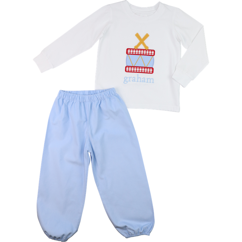 Blue Corduroy Applique Drummer Boy Ankle Pant Set