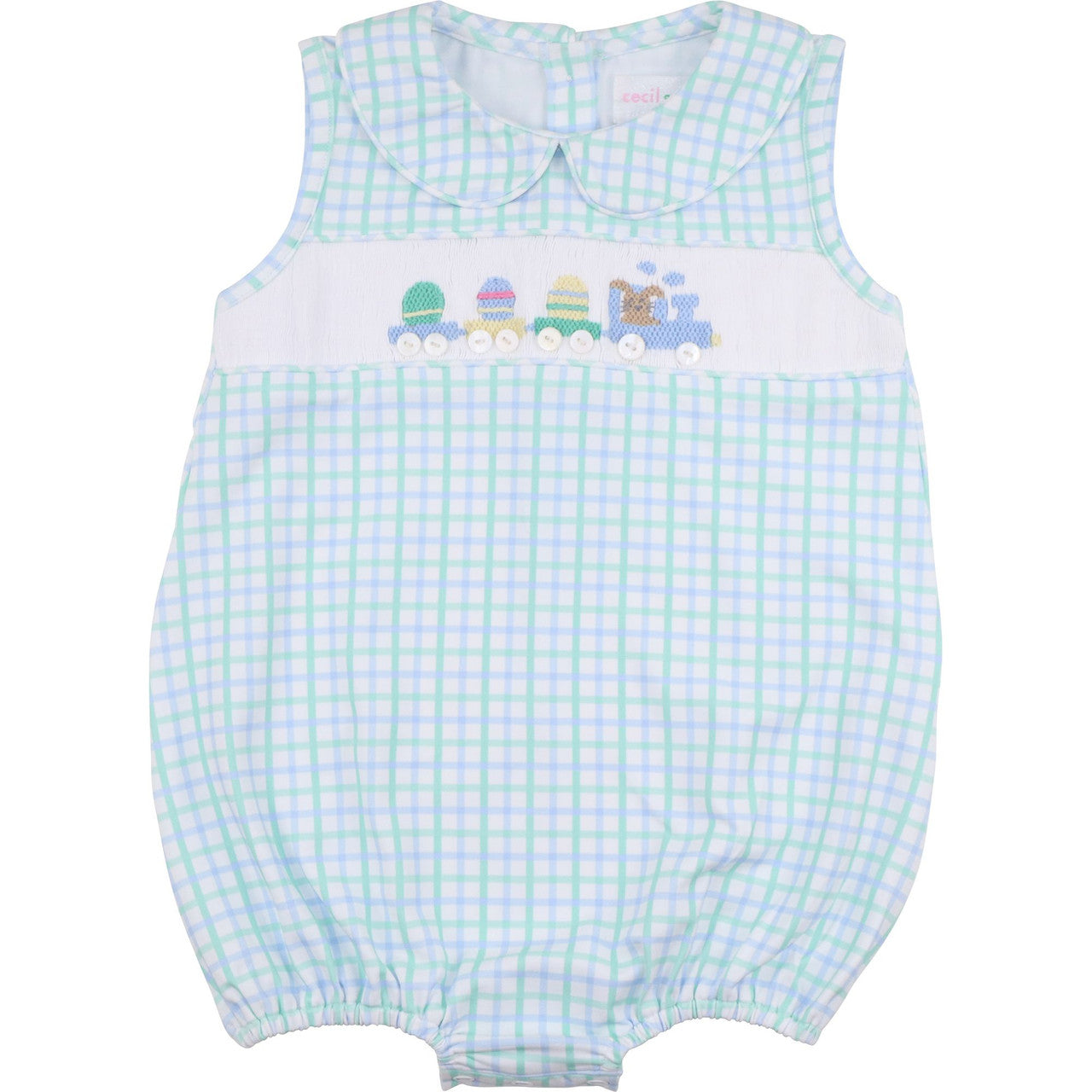 Blue And Mint Windowpane Smocked Easter Train Bubble