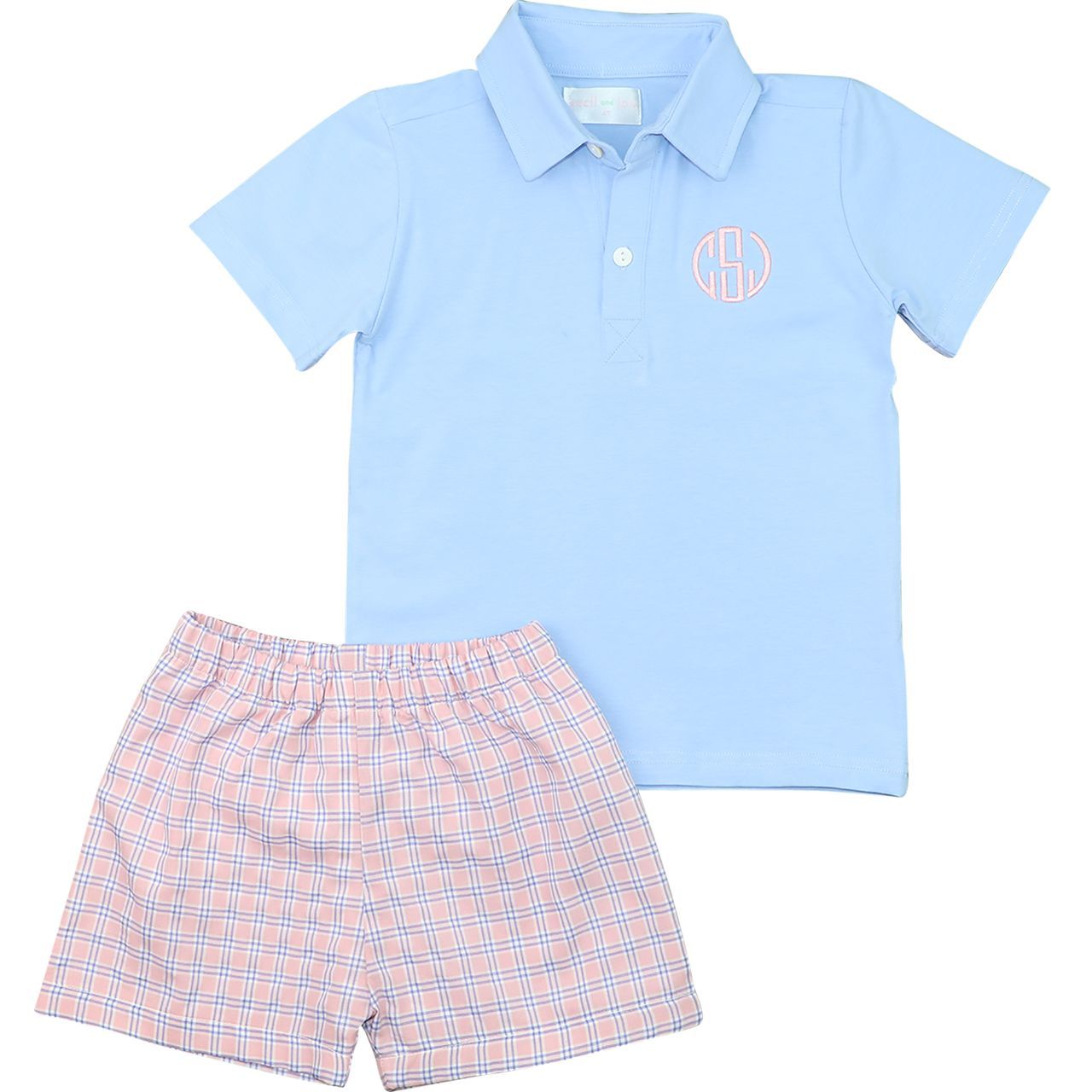 Pink And Blue Seersucker Plaid Polo Short Set