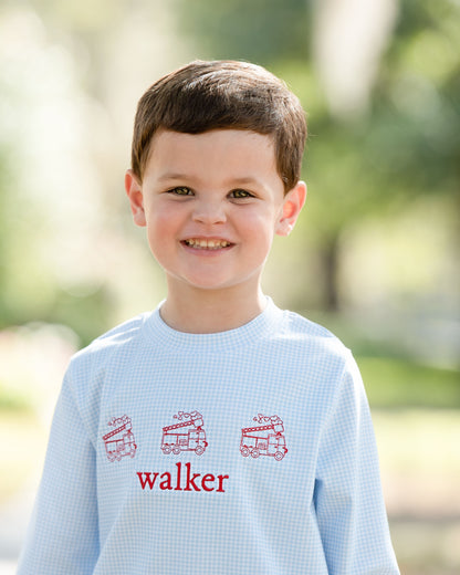 Blue Gingham Knit Embroidered Valentine Dump Truck Shirt