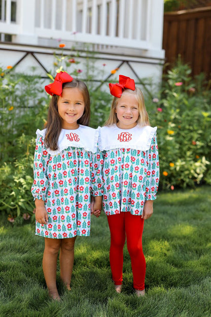 Red And Green Floral Block Print Holiday Legging Set