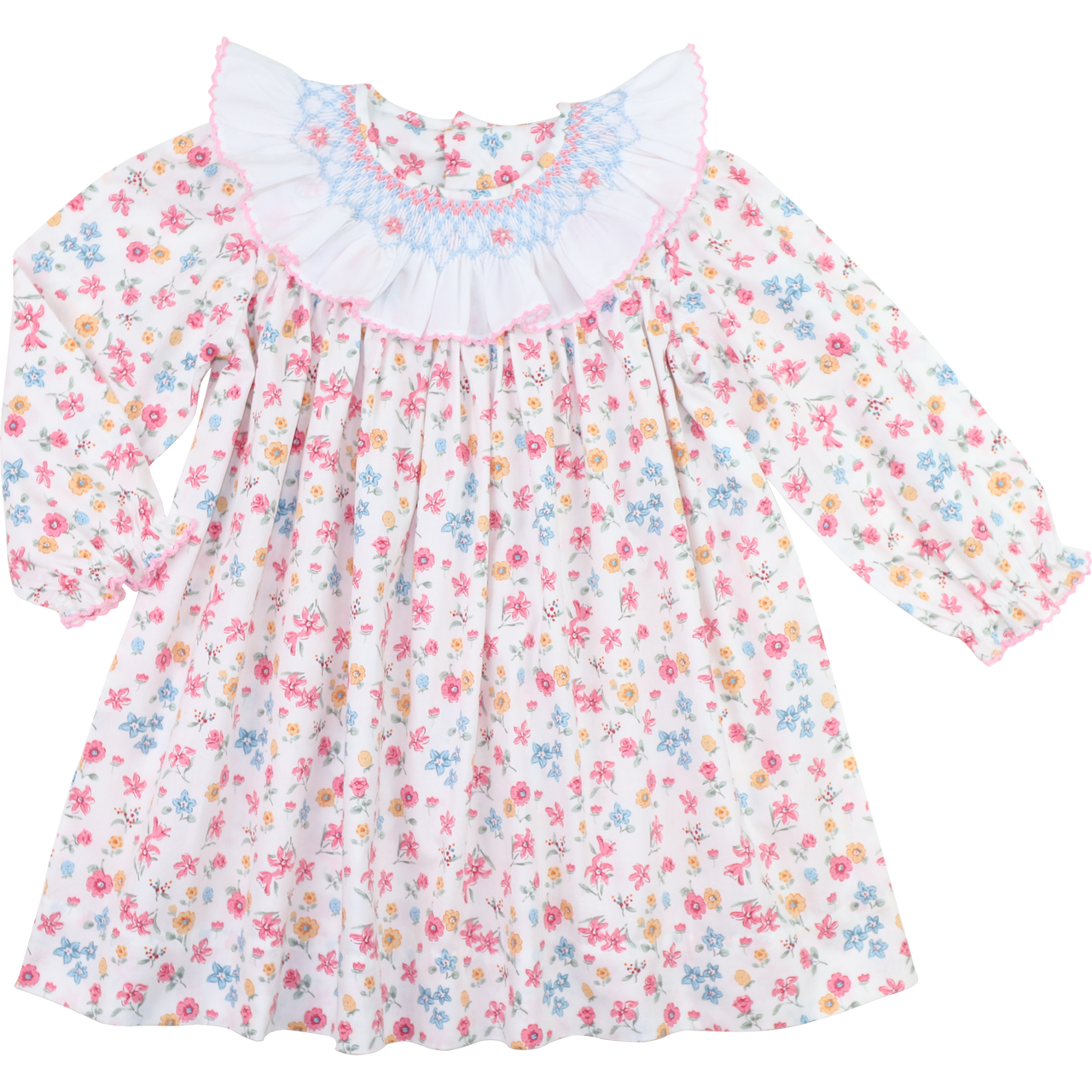 Pink And Blue Floral Smocked Ruffled Collar Dress