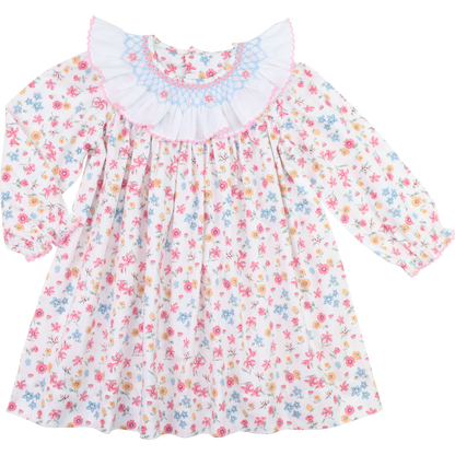 Pink And Blue Floral Smocked Ruffled Collar Dress