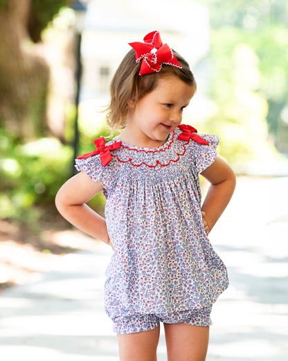 Blue And Red Mini Floral Smocked Diaper Set