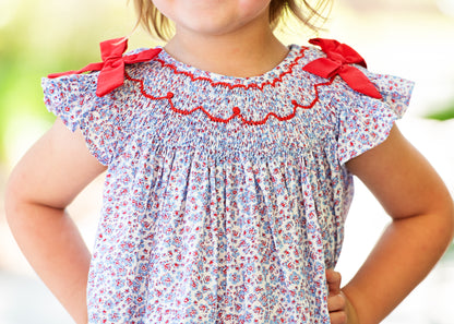 Blue And Red Mini Floral Smocked Diaper Set