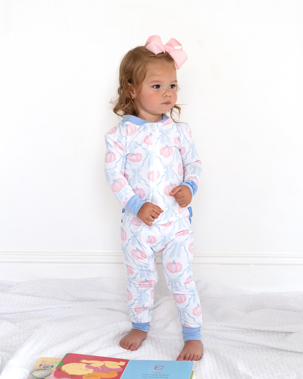 Pink And Blue Pumpkin And Bow Knit Zipper Pajamas