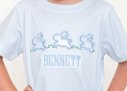 Blue Gingham Applique Bunnies Short Set