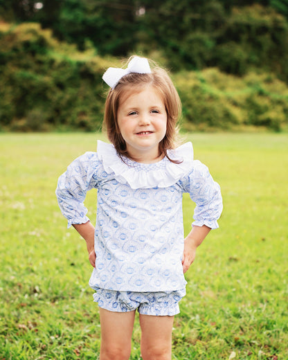 Blue Smocked Scalloped Pumpkin Diaper Set