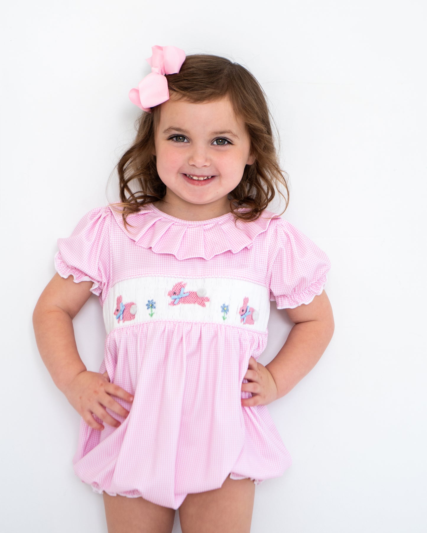 Pink Knit Gingham Smocked Bunnies Bubble