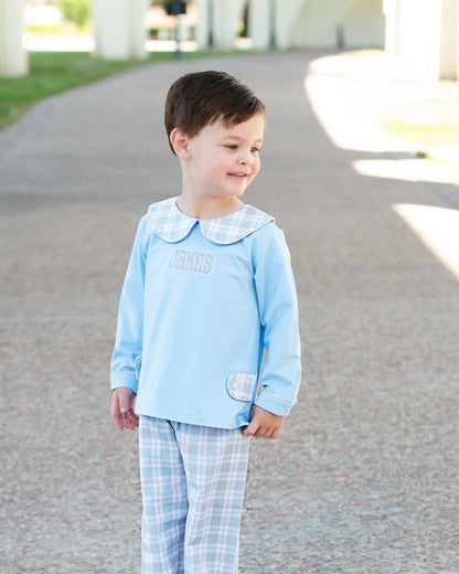 Blue And Khaki Plaid Tab Pant Set