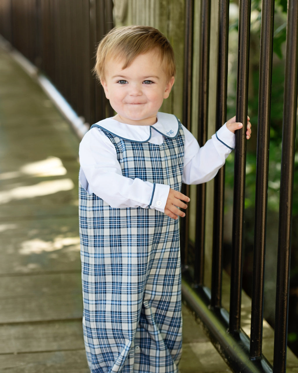 Navy And Blue Plaid Long Romper Set