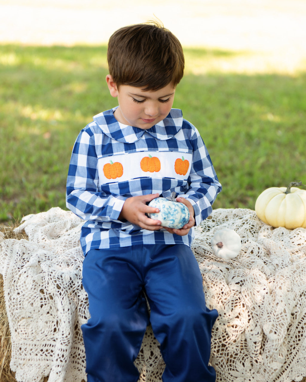 Navy Check Smocked Pumpkin Pant Set