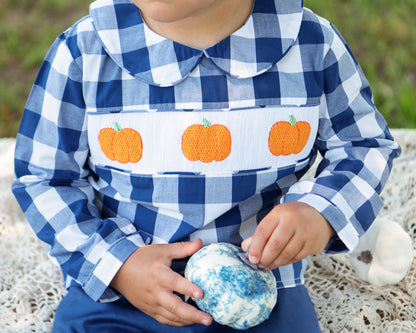 Navy Check Smocked Pumpkin Pant Set