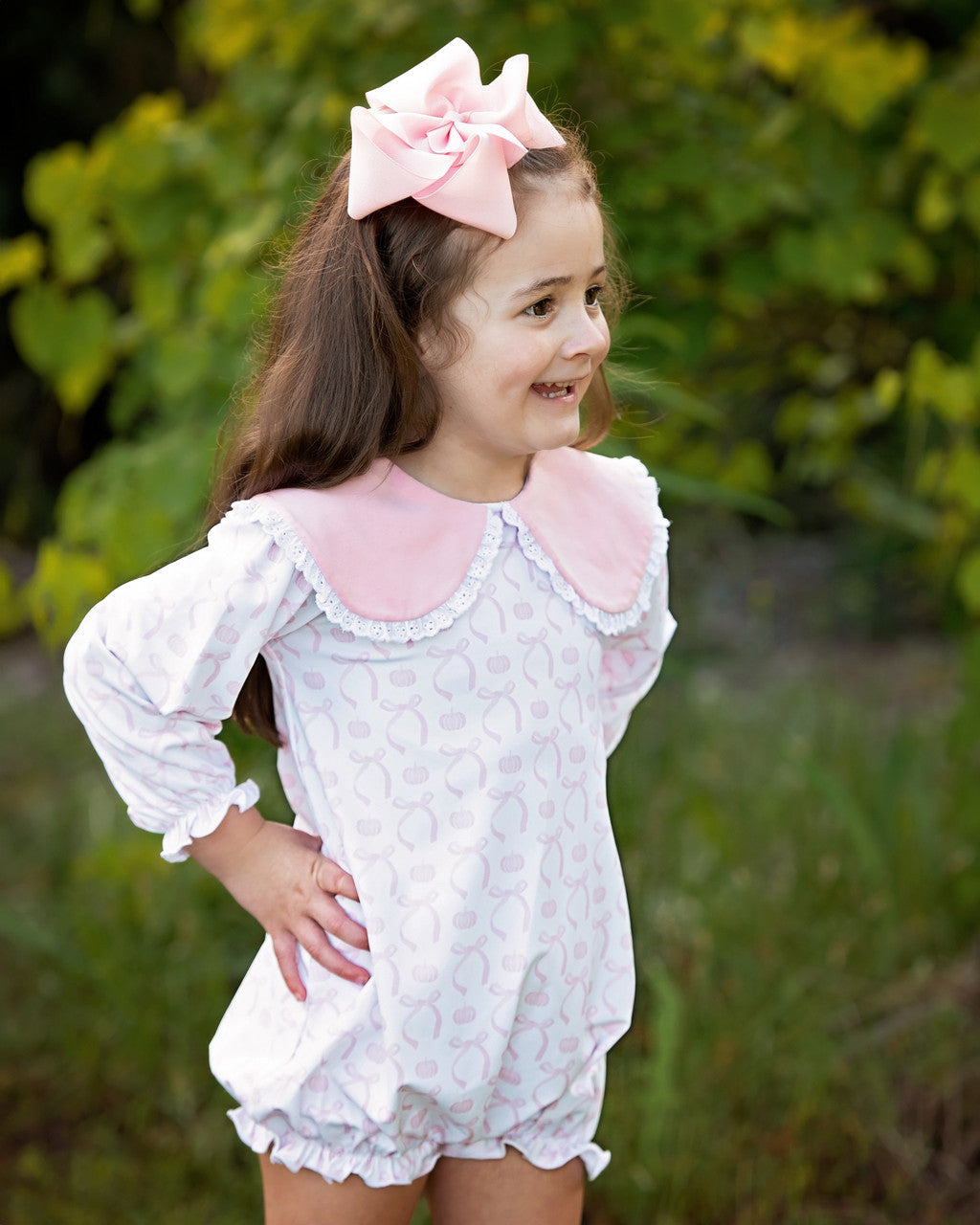 Pink Pumpkin And Bow Knit Eyelet Bubble