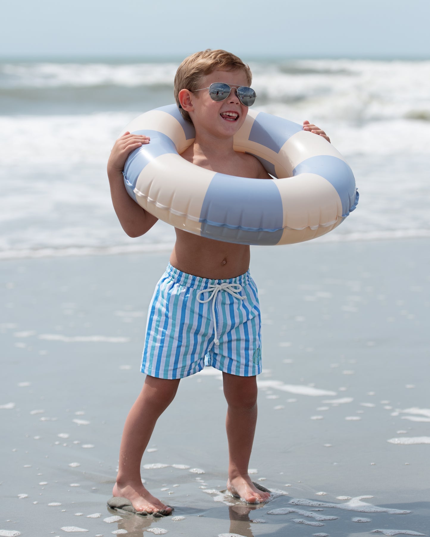 Blue And Mint Stripe Swim Trunks