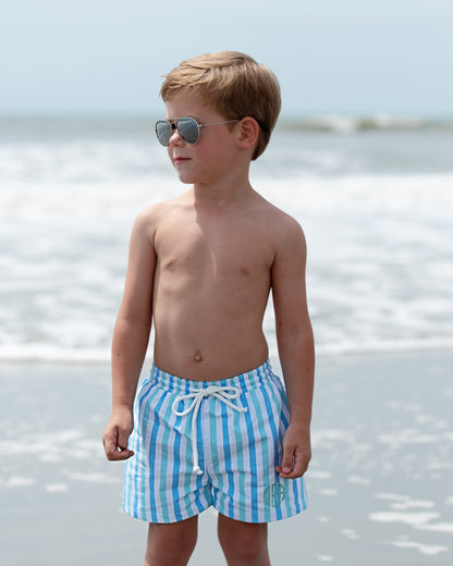 Blue And Mint Stripe Swim Trunks