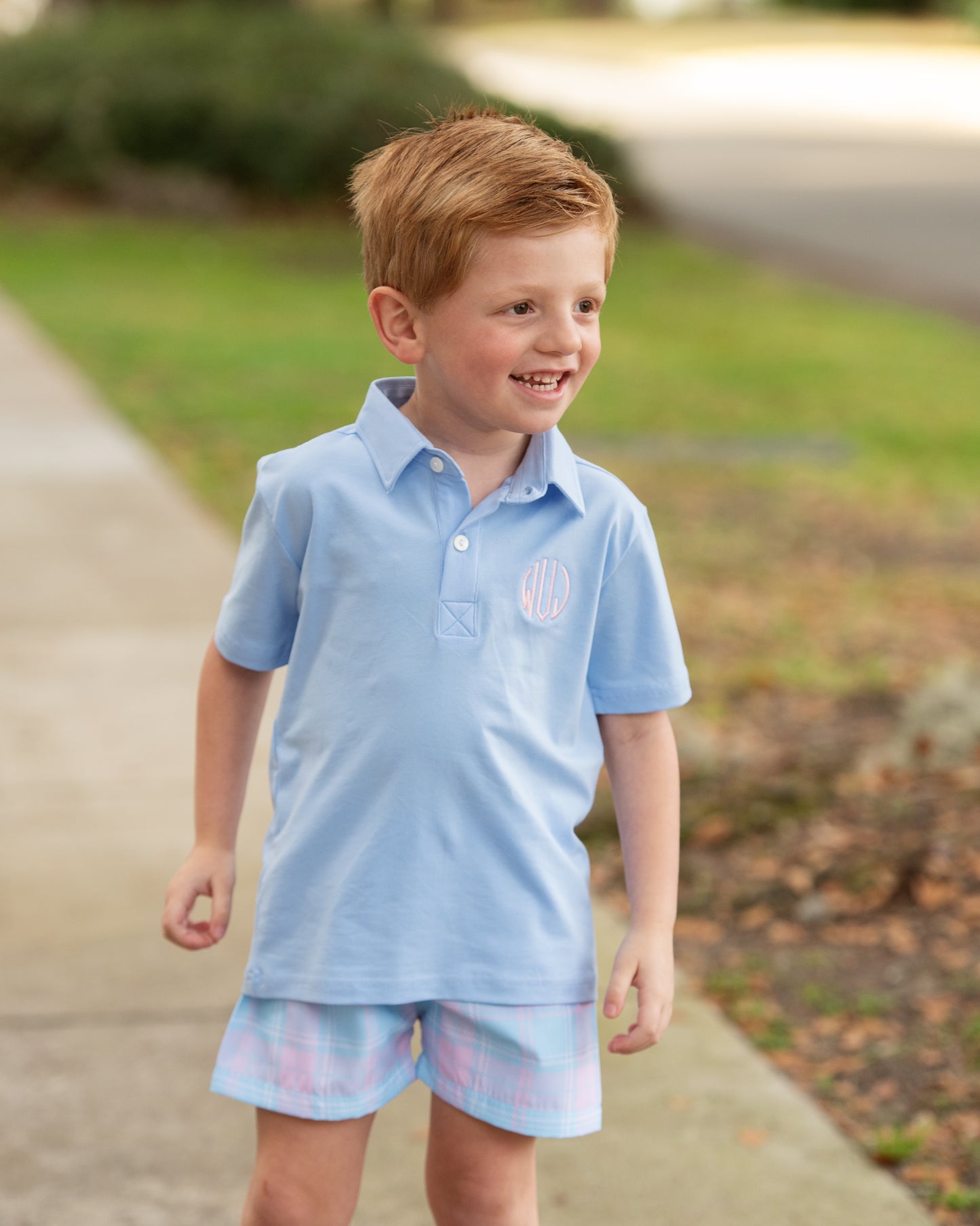 Blue And Pink Plaid Polo Short Set