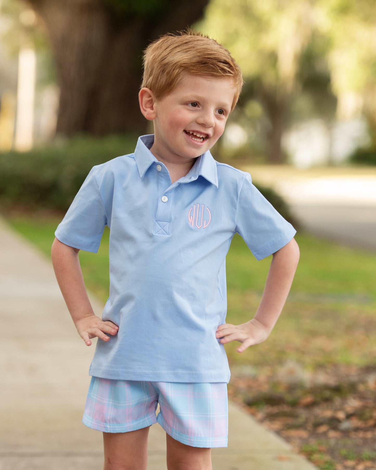 Blue And Pink Plaid Polo Short Set