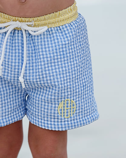 Blue And Yellow Seersucker Swim Trunks