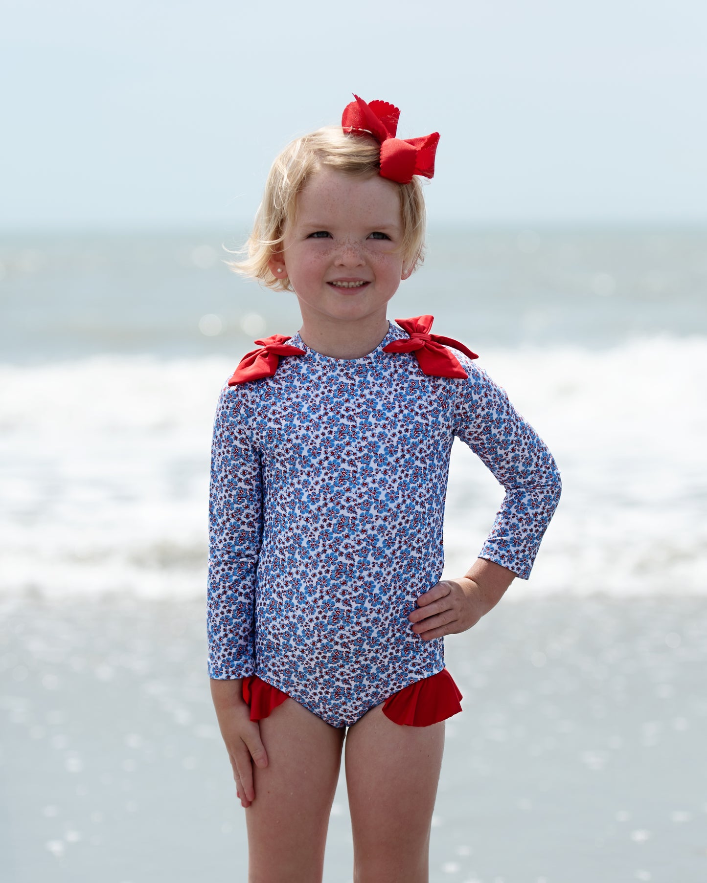 Blue And Red Mini Floral Lycra Rashguard Swimsuit