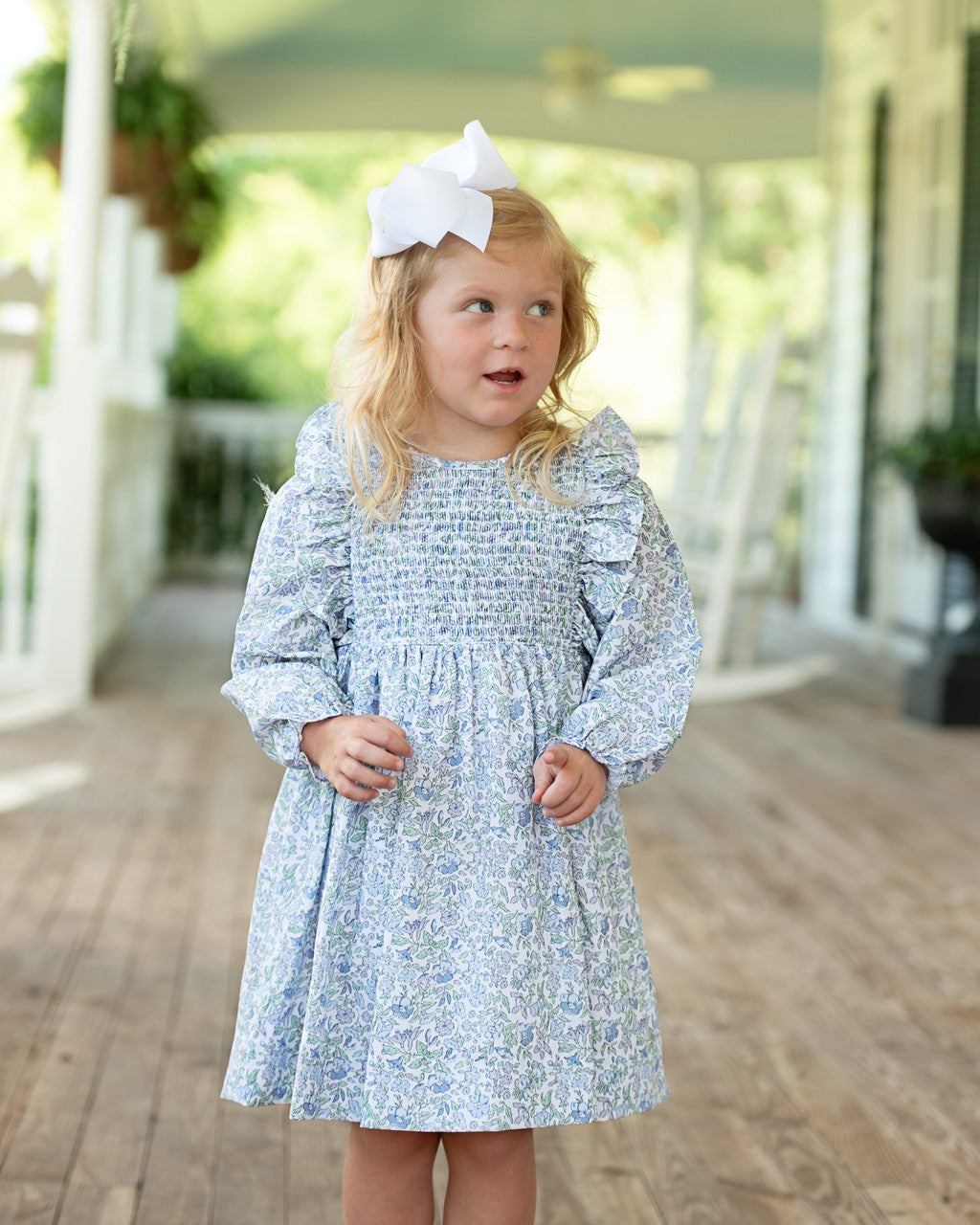 Blue And Green Floral Smocked Ruffle Dress