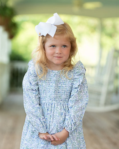 Blue And Green Floral Smocked Ruffle Dress