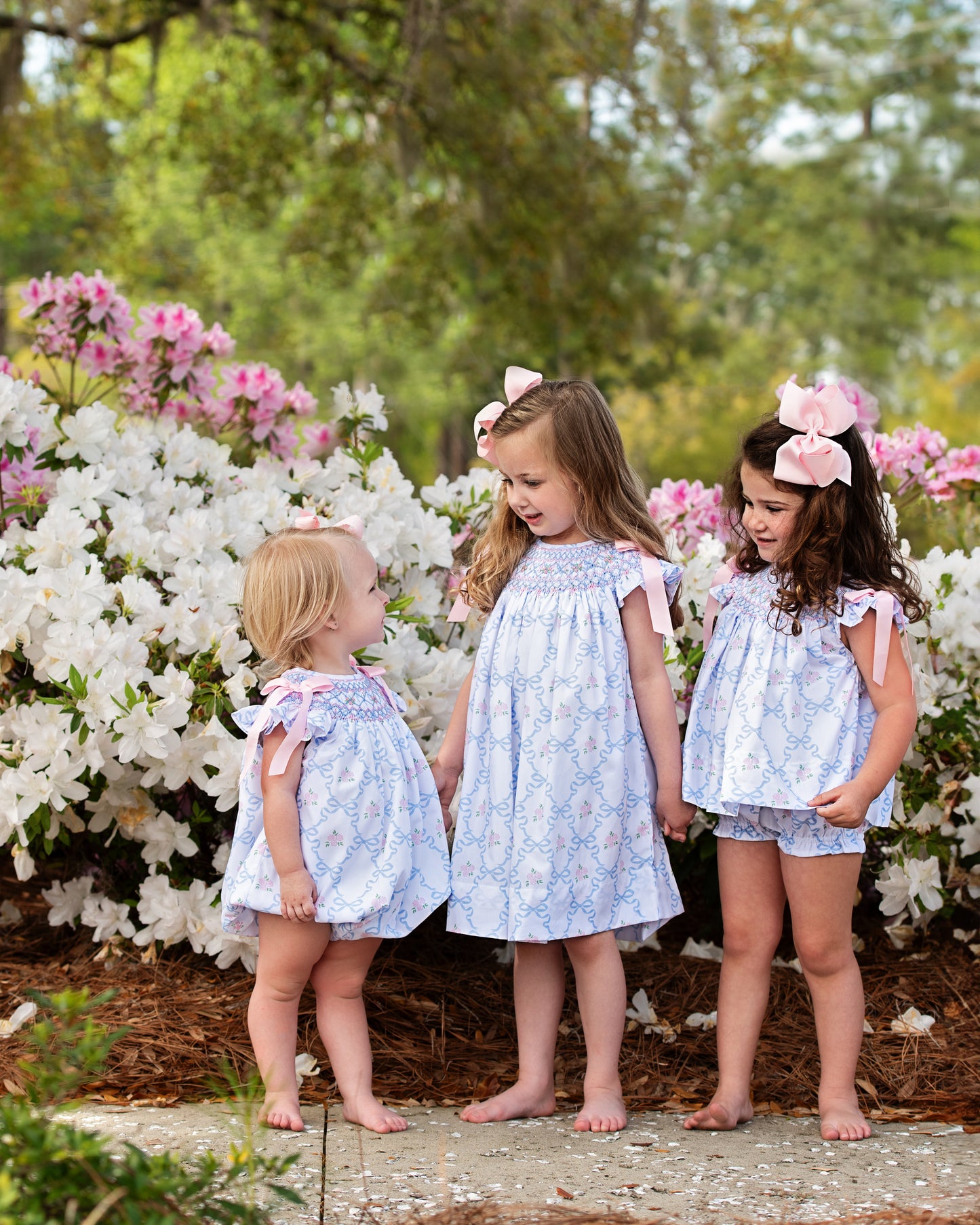 Blue And Pink Rose And Bow Smocked Dress