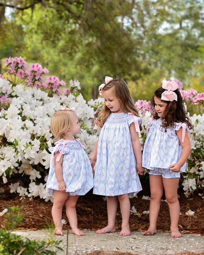 Blue And Pink Rose And Bow Smocked Dress