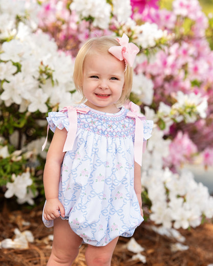 Blue And Pink Rose And Bow Smocked Bubble