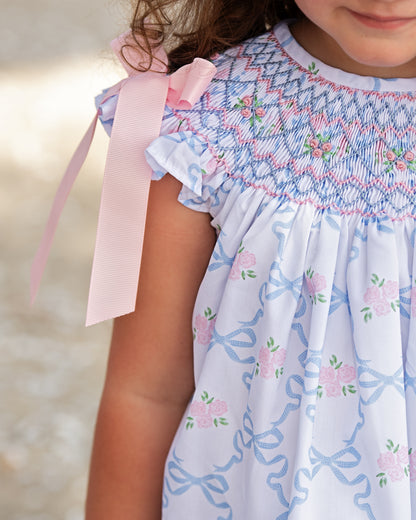 Blue And Pink Rose And Bow Smocked Dress