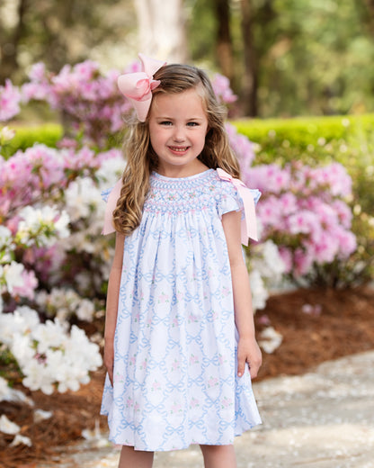 Blue And Pink Rose And Bow Smocked Dress