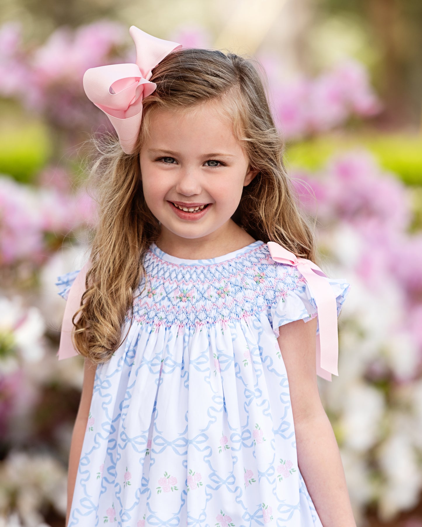 Blue And Pink Rose And Bow Smocked Dress