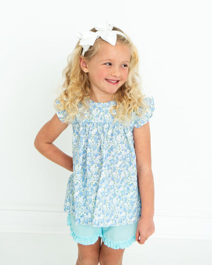 Blue Floral Smocked Short Set