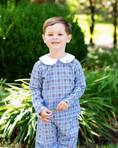 Blue And Brown Plaid Ankle Pant Set