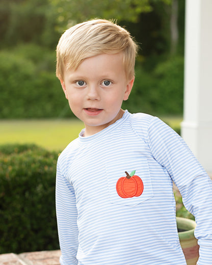 Blue Knit Stripe Applique Pumpkin Shirt