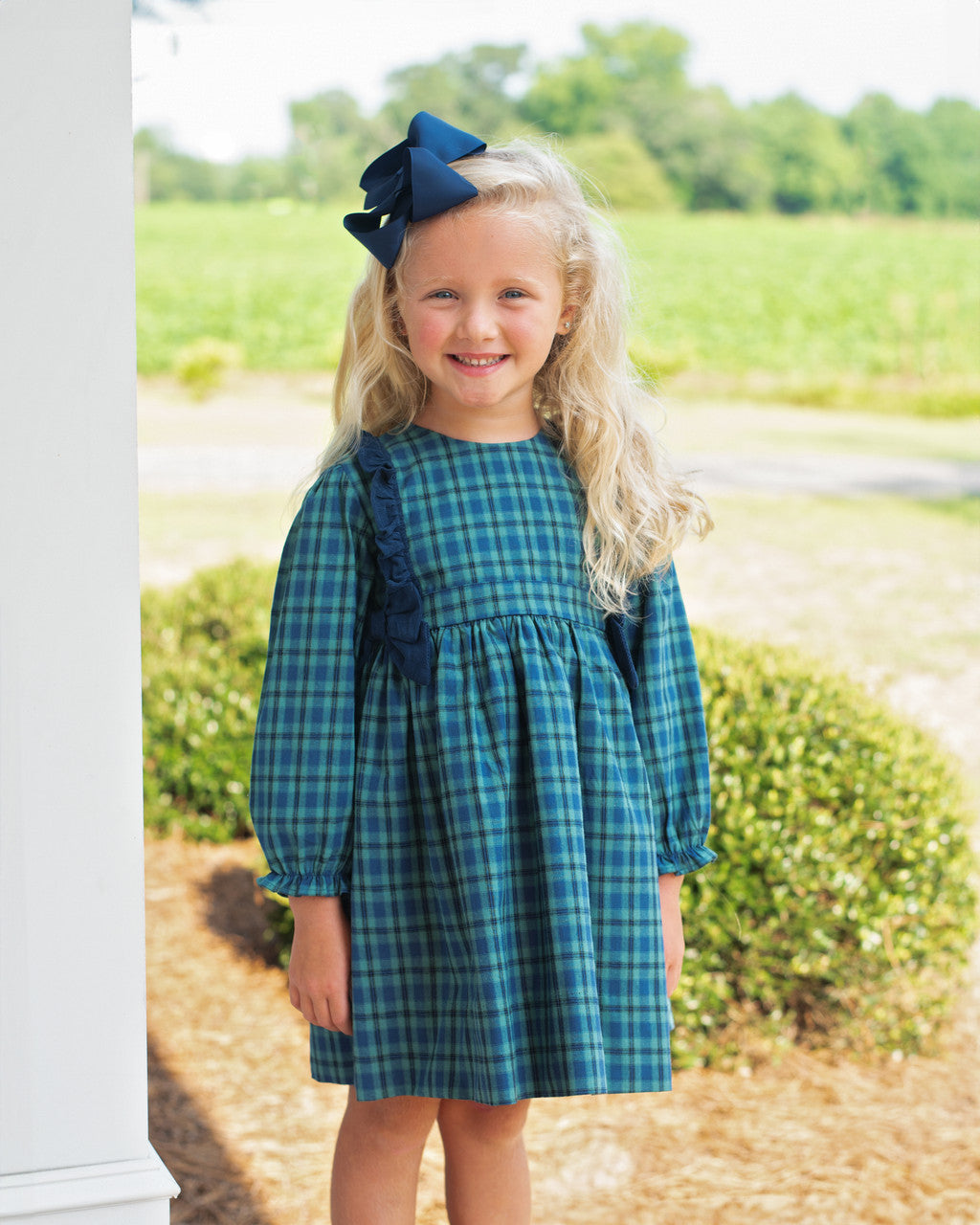 Navy And Green Plaid Bows Dress