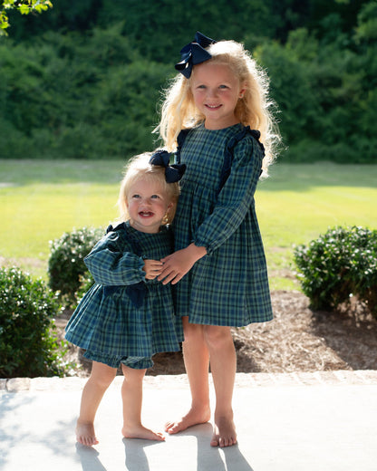 Navy And Green Plaid Bows Dress