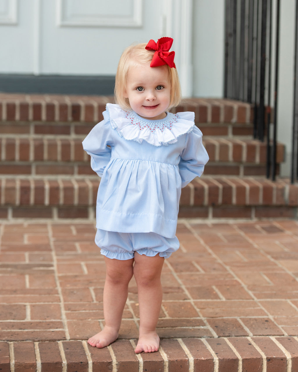 Blue Mini Stripe Red Smocked Diaper Set