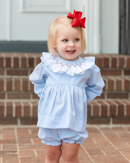 Blue Mini Stripe Red Smocked Diaper Set