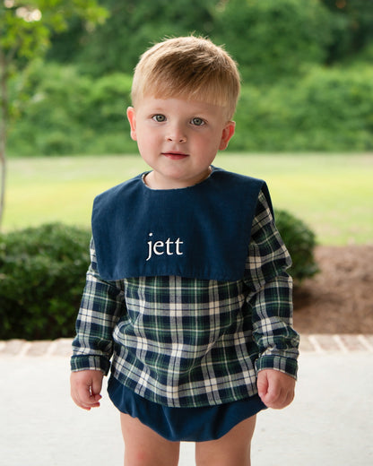 Navy And Green Plaid Flannel Square Collar Diaper Set