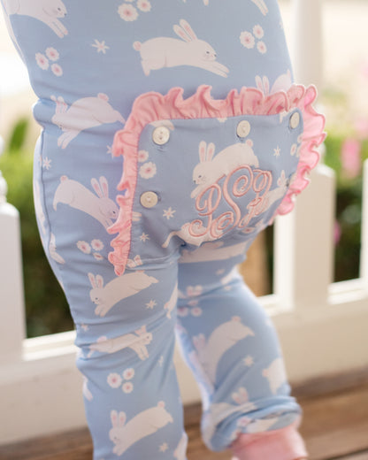 Blue And Pink Hopping Bunny Knit Zipper Pajamas