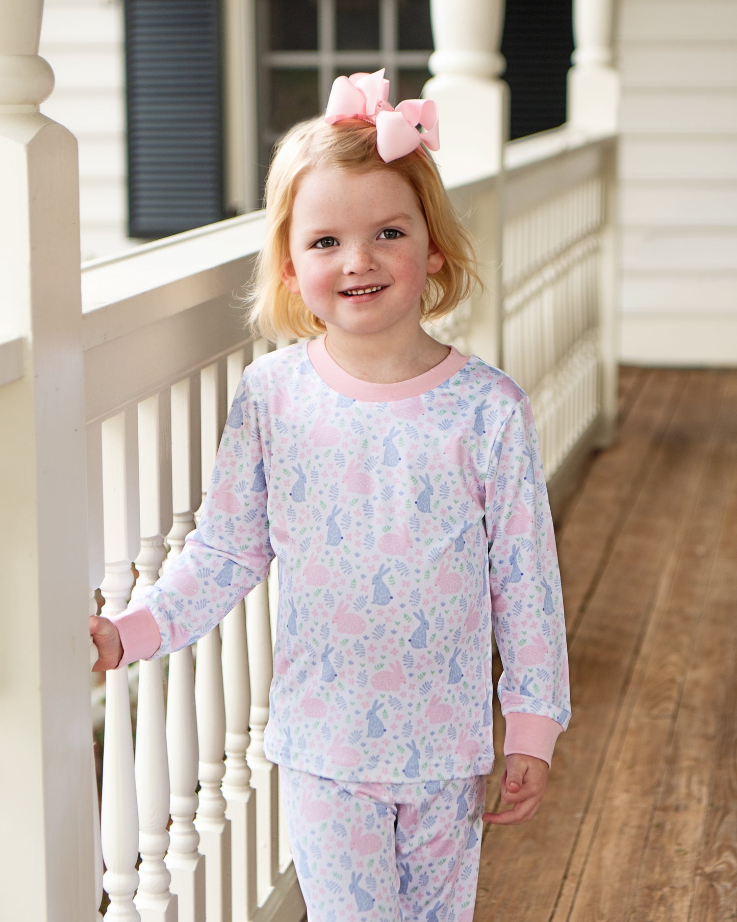 Pink And Blue Bunny Print Knit Pajamas