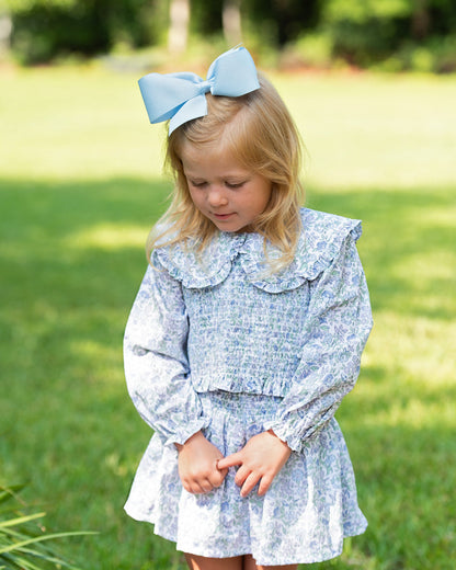 Blue And Green Floral Smocked Ruffle Skirt Set