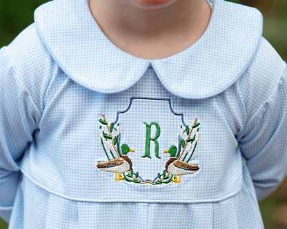 Blue Knit Gingham Embroidered Mallard Long Romper