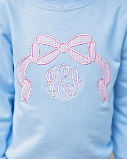 Blue And Pink Gingham Applique Bow Sweatshirt