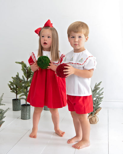 Red Corduroy Embroidered Christmas Tree Dress