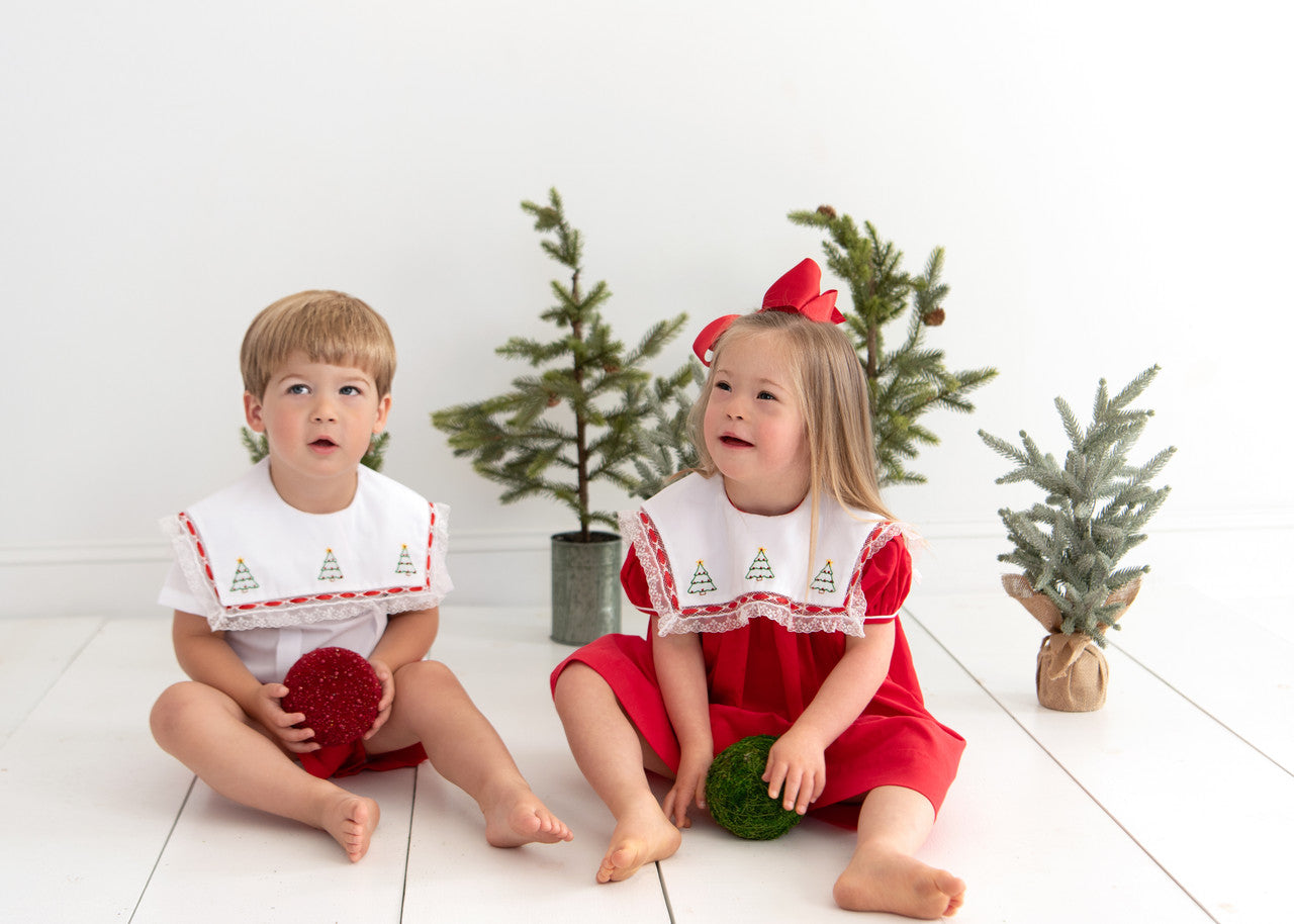 Red Corduroy Embroidered Christmas Tree Dress